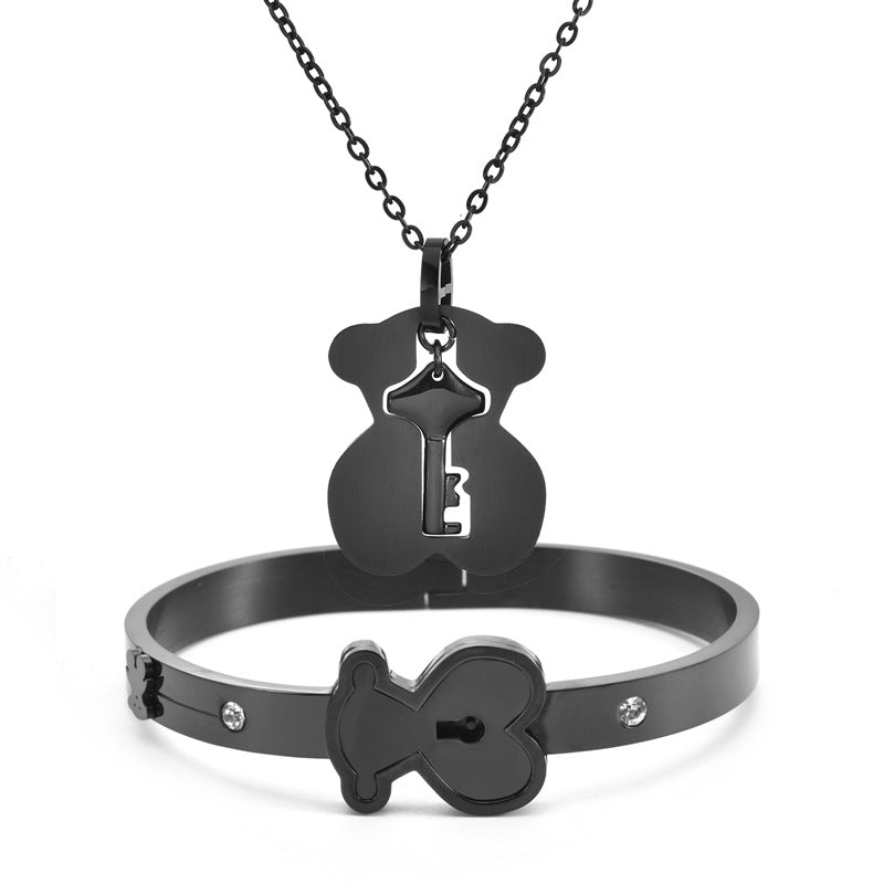 Silver Two-piece Set Stainless Steel Bear Lock Bracelet Necklace Set