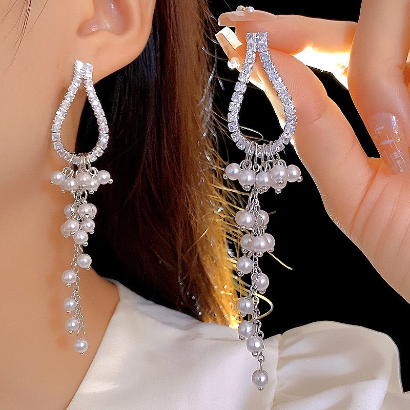 Silver (thickened With Real Gold Plating) Copper Earrings With Diamonds And Pearls