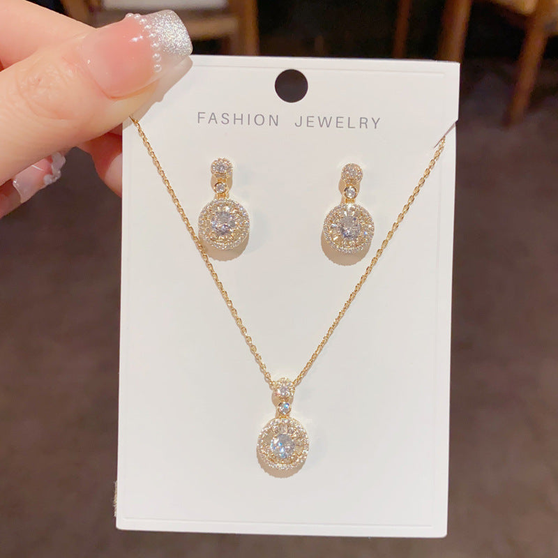 Silver-full Zirconium Ring Pendant Necklace Set (thick Real Gold Electroplating) Copper Diamond Round Necklace Earring Set