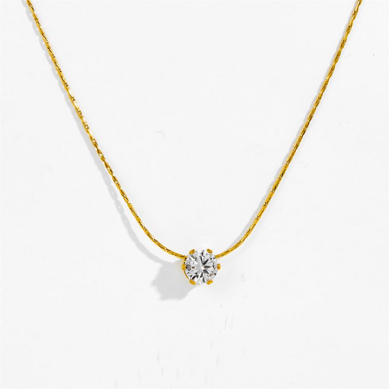 Six-prong Diamond Necklace In Gold Titanium Steel Diamond-encrusted Round Necklace