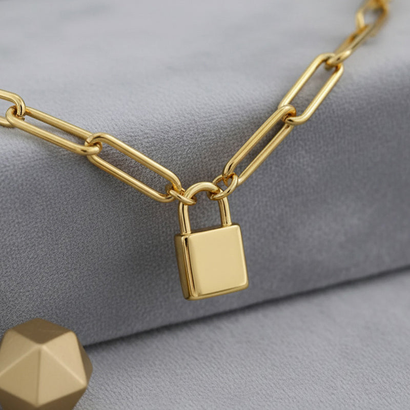 Small Lock Paper Clip Necklace Gold Stainless Steel Lock Necklace