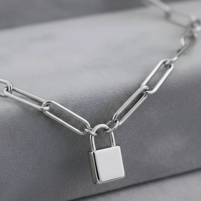 Small Lock Paper Clip Necklace Gold Stainless Steel Lock Necklace