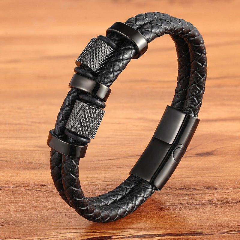 Steel Color - 23cm Stainless Steel Leather Woven Men's Bracelet
