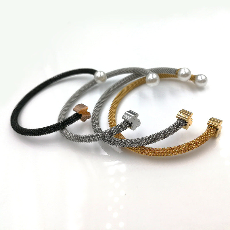 Steel Color Titanium Steel Pearl Bear Bracelet