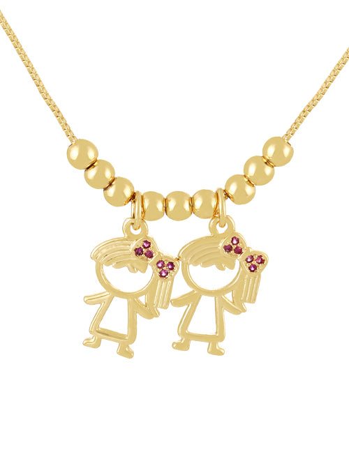 Fashion Golden 1 Brass Set Zircon Boys Girls Pendant Beaded Necklace