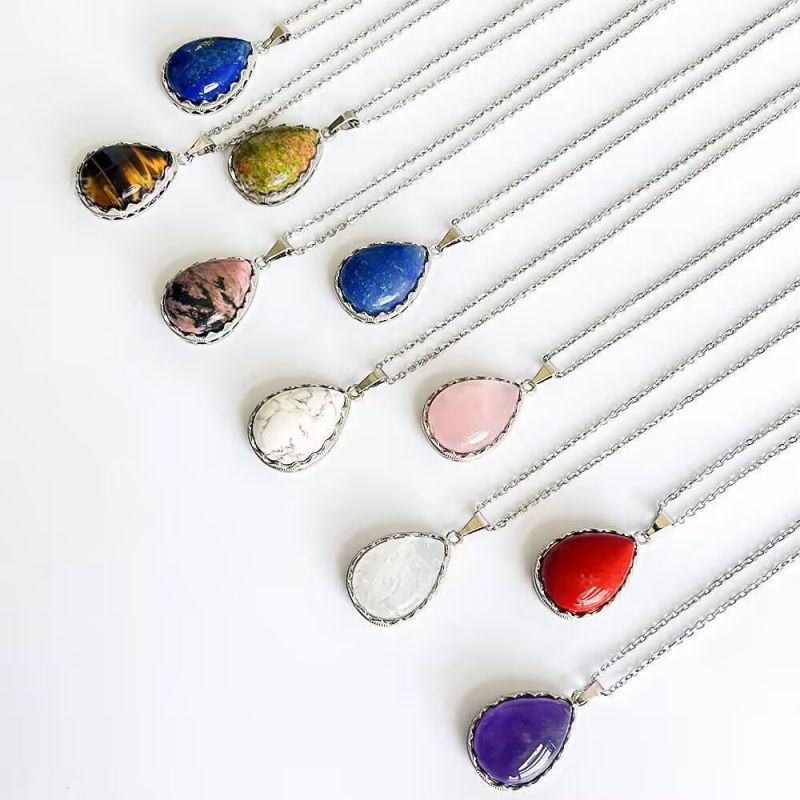 Tiger Eye Stainless Steel Necklace Stainless Steel Teardrop Shape Natural Stone Necklace