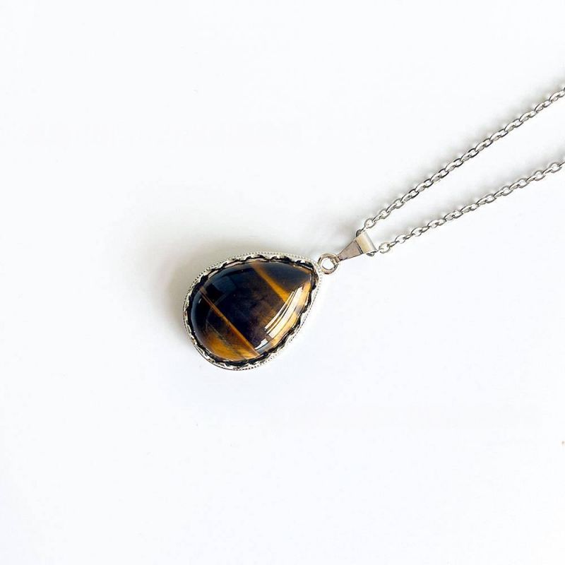 Tiger Eye Stainless Steel Necklace Stainless Steel Teardrop Shape Natural Stone Necklace
