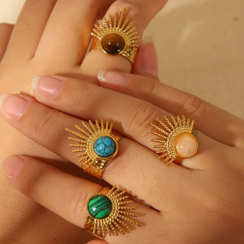 Tiger's Eye Stainless Steel Natural Stone Scalloped Round Ring