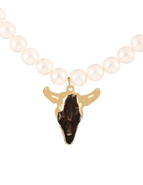 Fashion Golden 1 Alloy Shell Crystal Bull Head Pearl Beaded Necklace