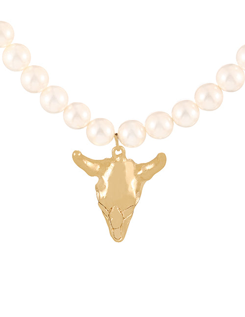 Fashion Golden 1 Alloy Shell Crystal Bull Head Pearl Beaded Necklace