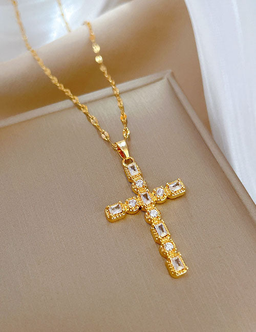 Fashion Gold Titanium Steel Diamond Cross Necklace