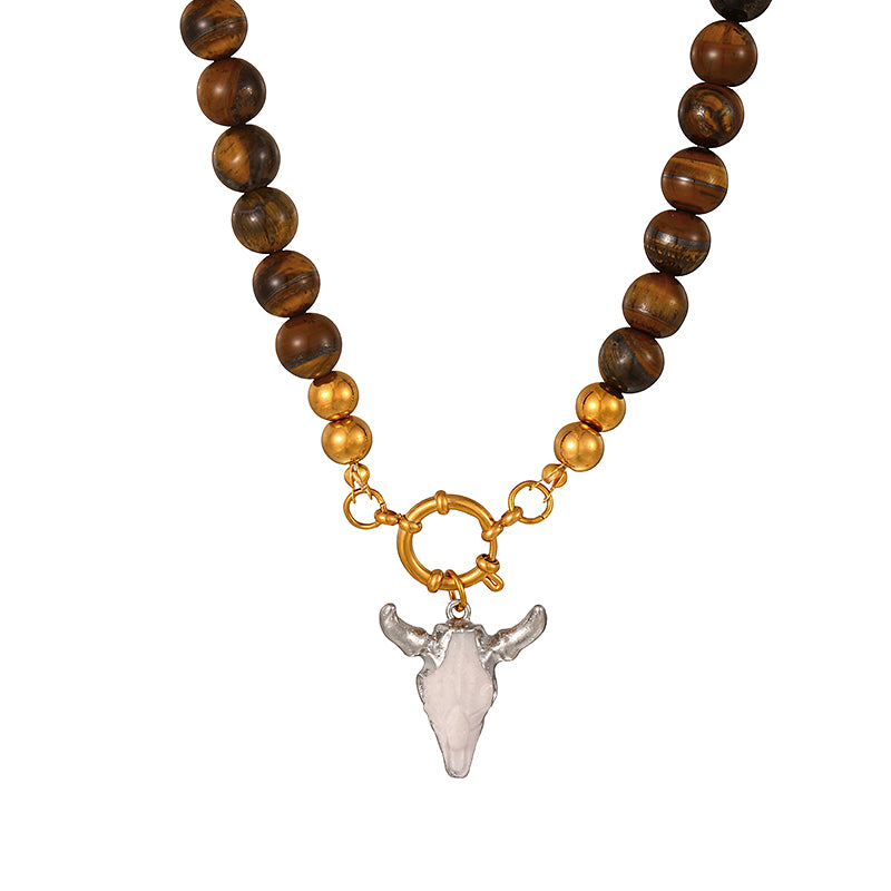 White + Gold Bull Head Titanium Steel Ring Buckle Natural Stone Bead Necklace