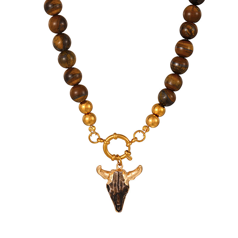 White + Gold Bull Head Titanium Steel Ring Buckle Natural Stone Bead Necklace