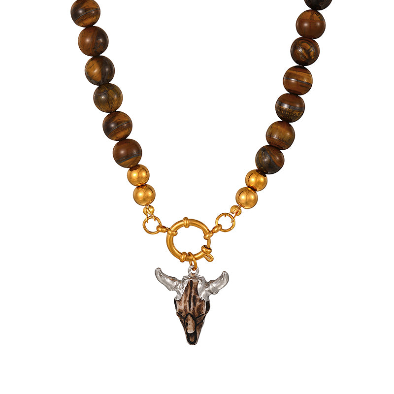 White + Gold Bull Head Titanium Steel Ring Buckle Natural Stone Bead Necklace