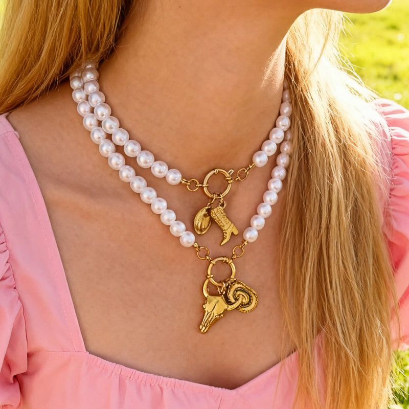 White 1 Titanium Steel Western Cowboy Series Ot Buckle Pearl Necklace