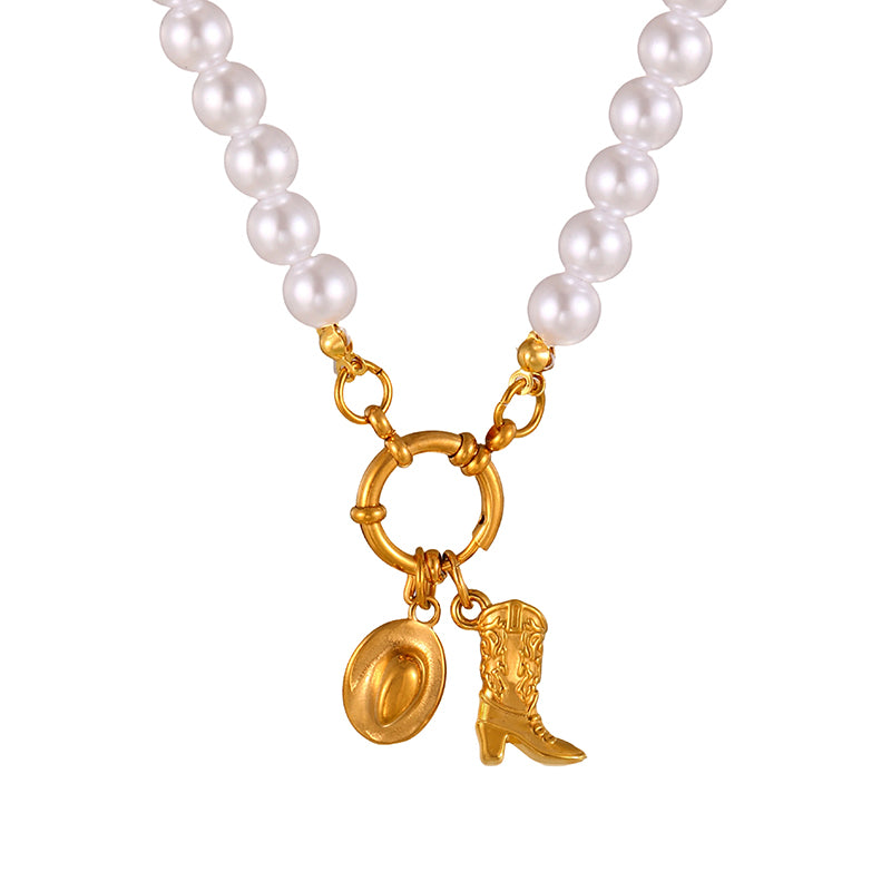 White 1 Titanium Steel Western Cowboy Series Ot Buckle Pearl Necklace