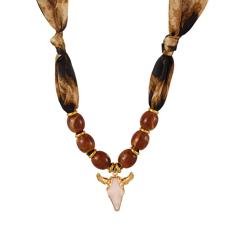 White Alloy Bull Head Beaded Leopard Print Fabric Necklace