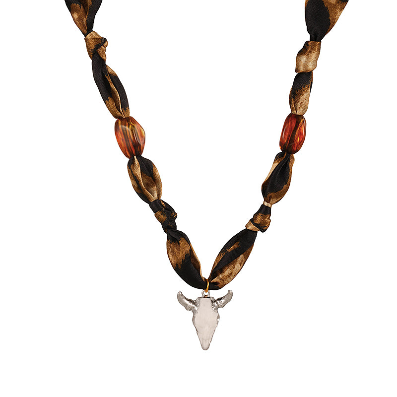 White Alloy Bull Head Beaded Leopard Print Fabric Necklace