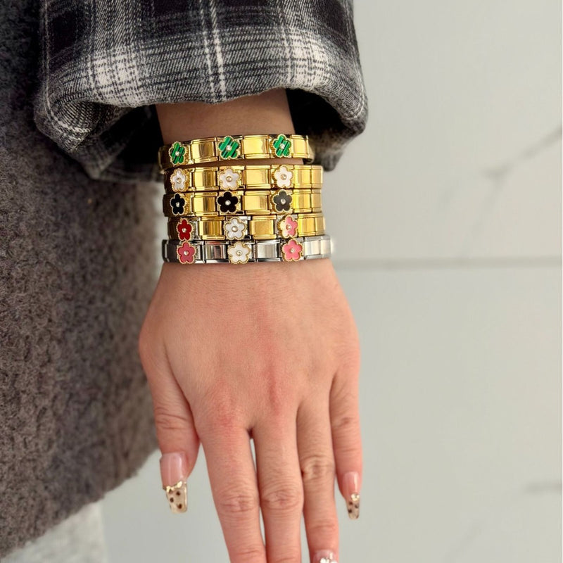 White And Red With Diamonds - Gold Stainless Steel Flower Square Module Bracelet