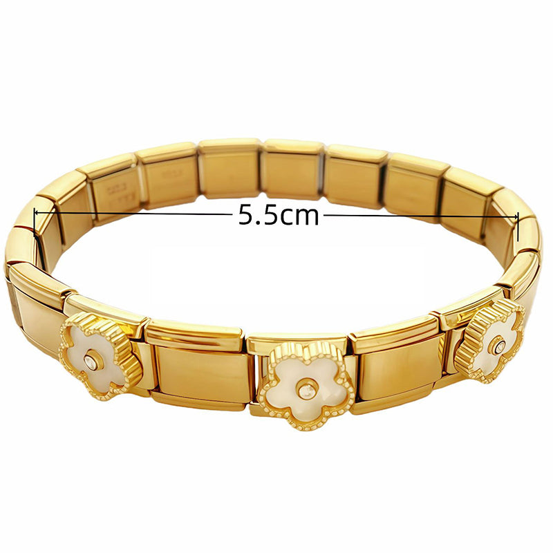White And Red With Diamonds - Gold Stainless Steel Flower Square Module Bracelet