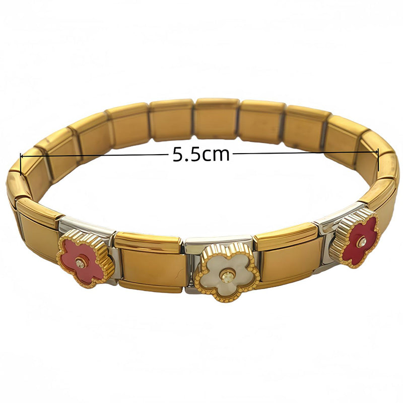 White And Red With Diamonds - Gold Stainless Steel Flower Square Module Bracelet