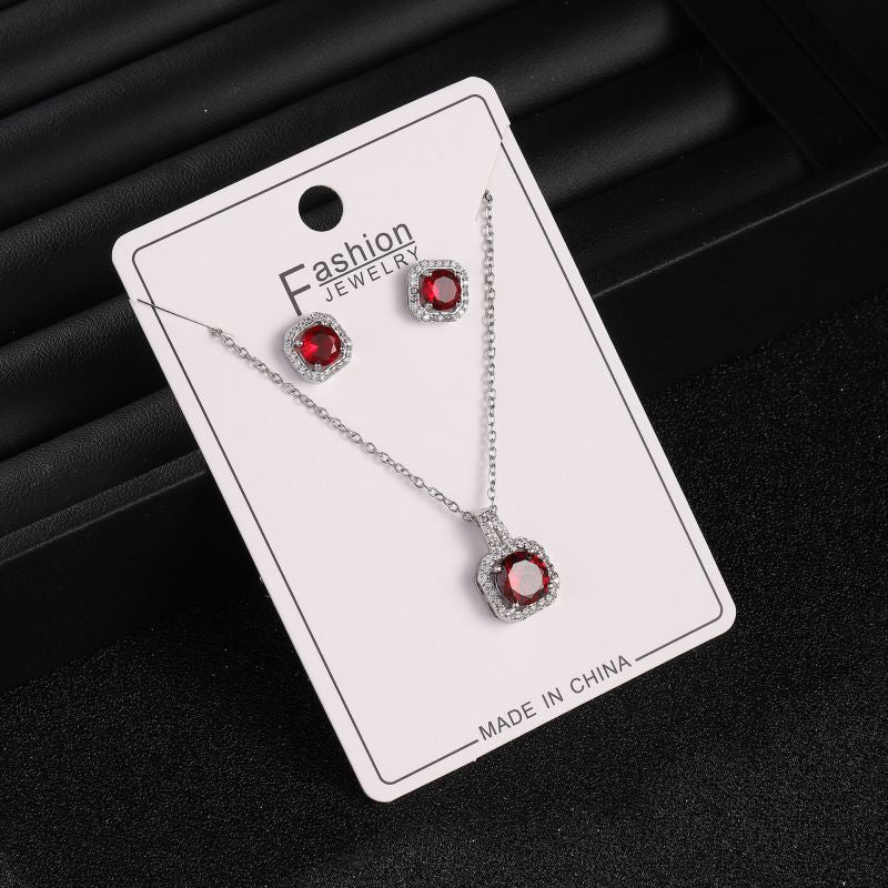 White Copper And Diamond Square Necklace And Earring Set