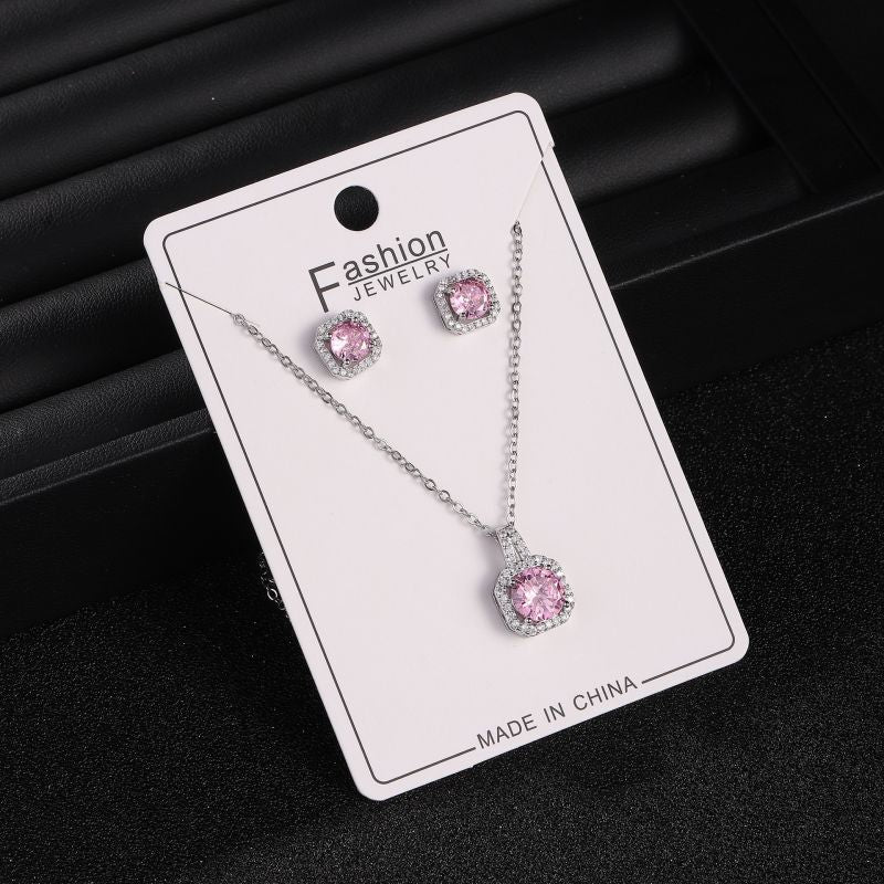 White Copper And Diamond Square Necklace And Earring Set