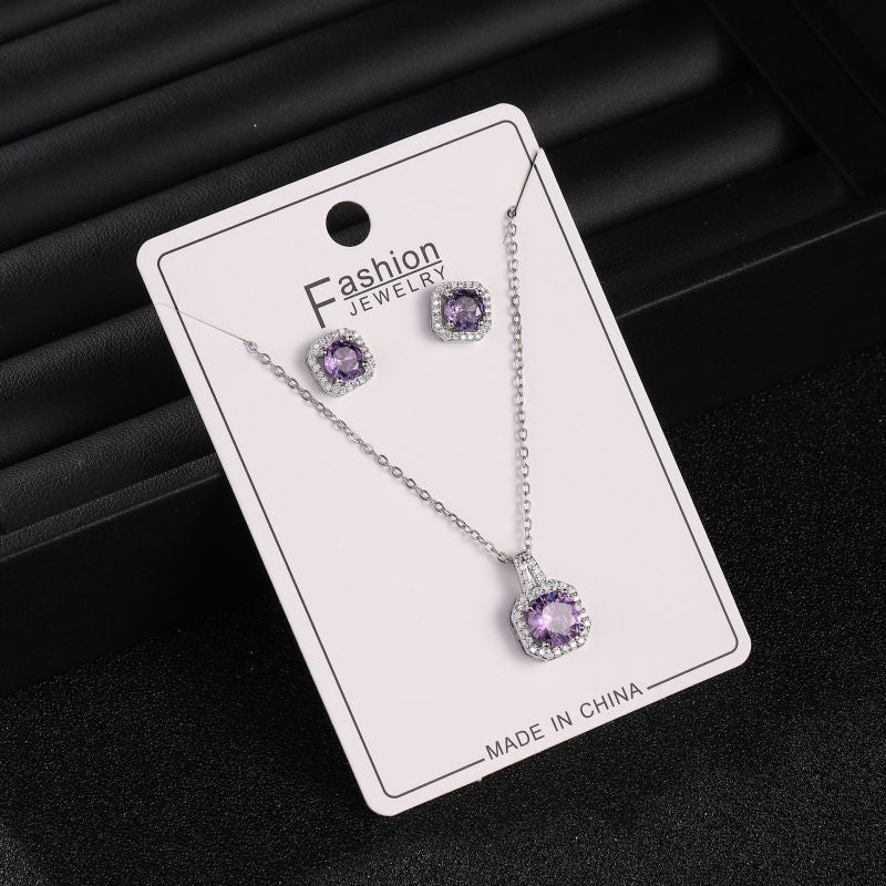 White Copper And Diamond Square Necklace And Earring Set