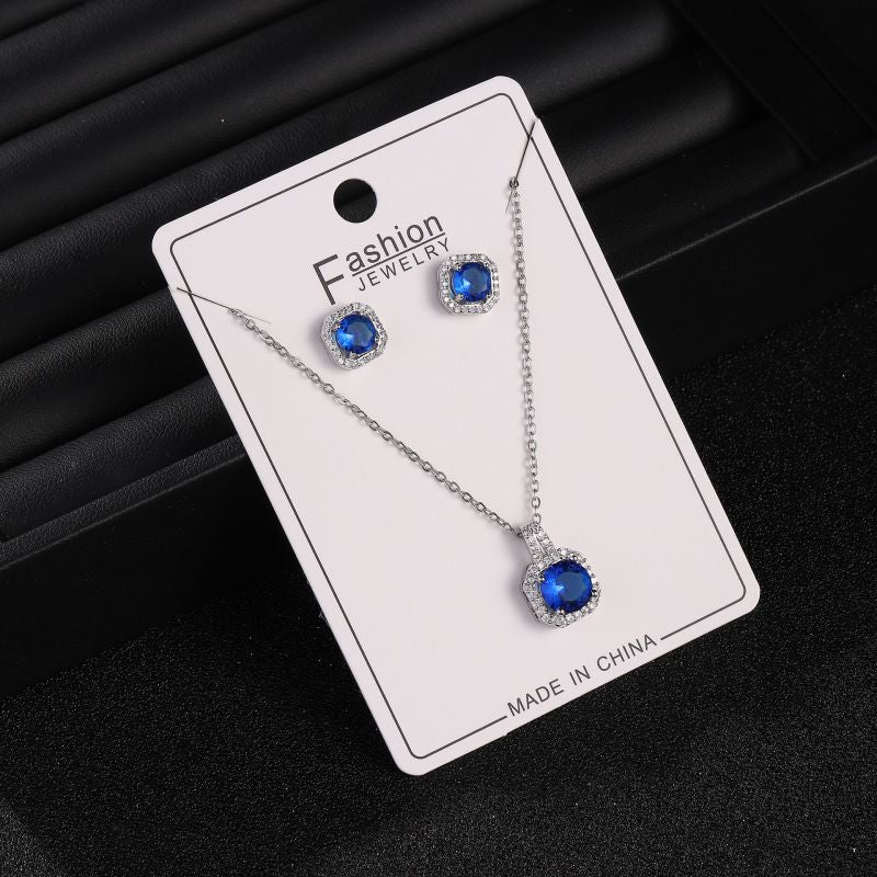 White Copper And Diamond Square Necklace And Earring Set