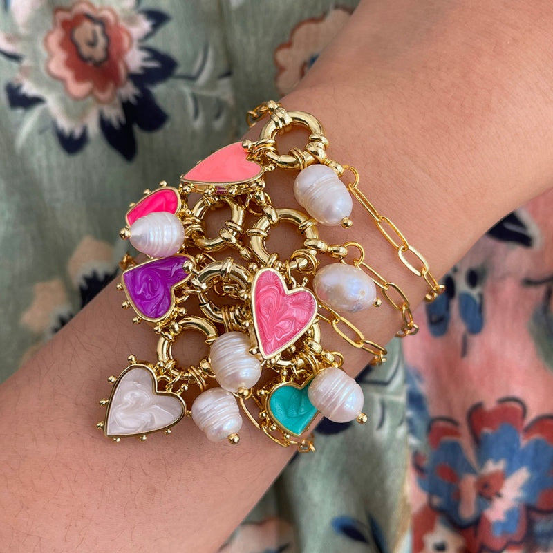 White Copper Oil Drop Heart Ring Buckle Pearl Bracelet