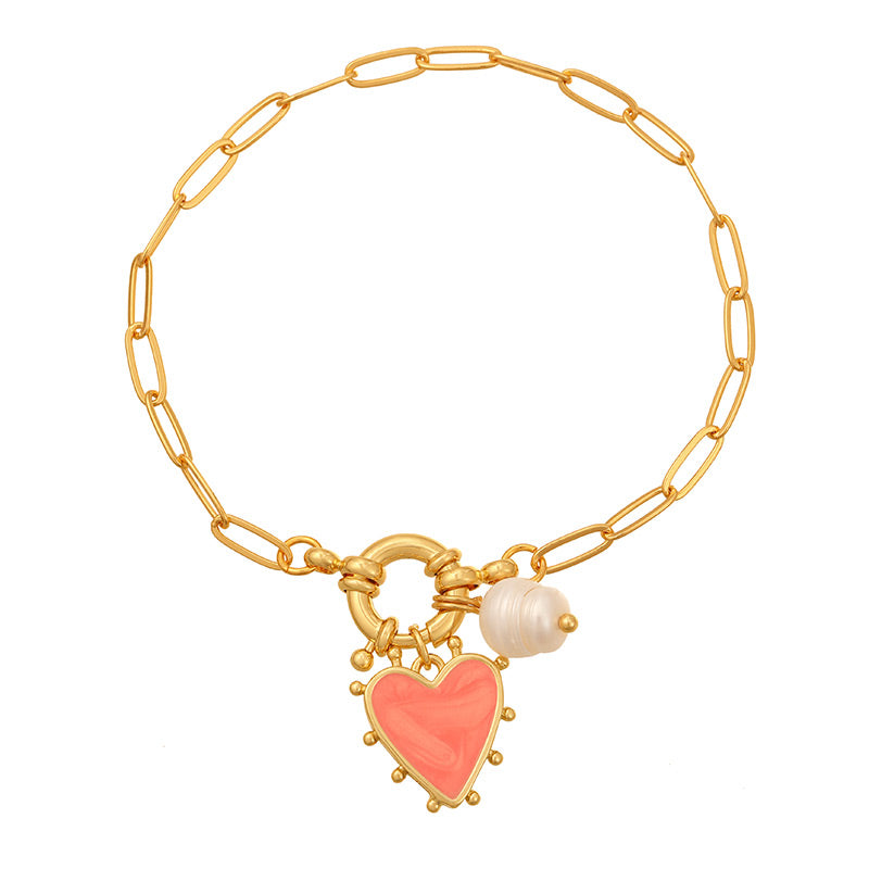 White Copper Oil Drop Heart Ring Buckle Pearl Bracelet