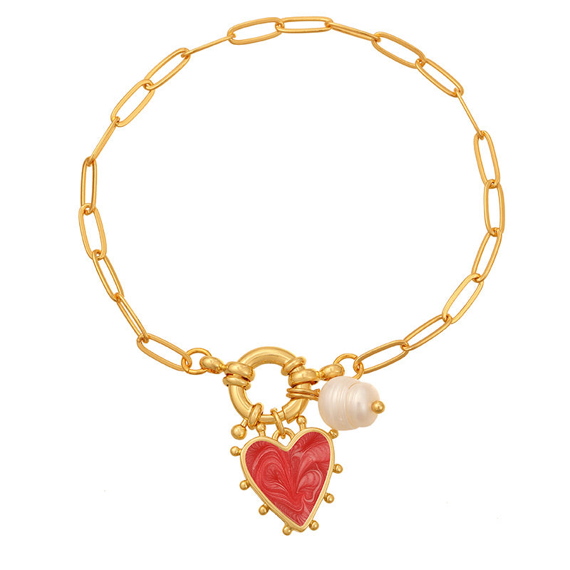 White Copper Oil Drop Heart Ring Buckle Pearl Bracelet