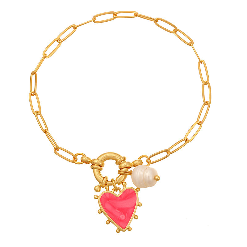 White Copper Oil Drop Heart Ring Buckle Pearl Bracelet