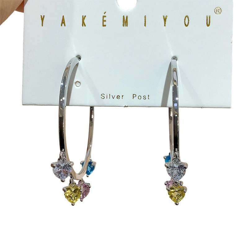 White Diamond Heart-shaped Zircon Tassel Copper Earrings