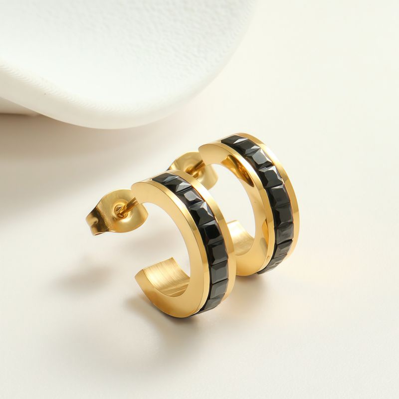 White Diamond Silver Earrings Stainless Steel Diamond-studded C-shaped Earrings