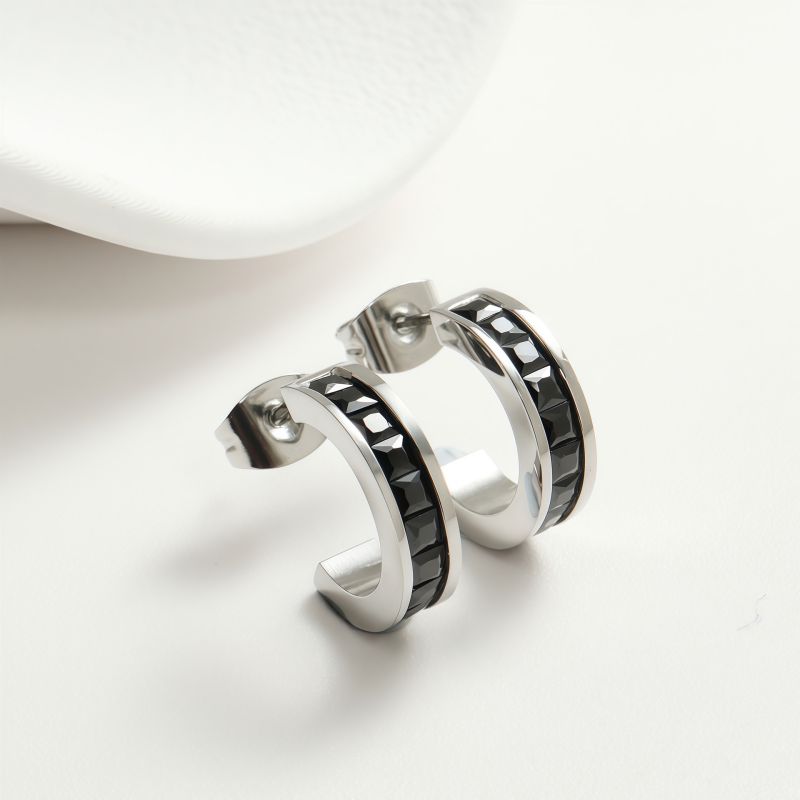 White Diamond Silver Earrings Stainless Steel Diamond-studded C-shaped Earrings