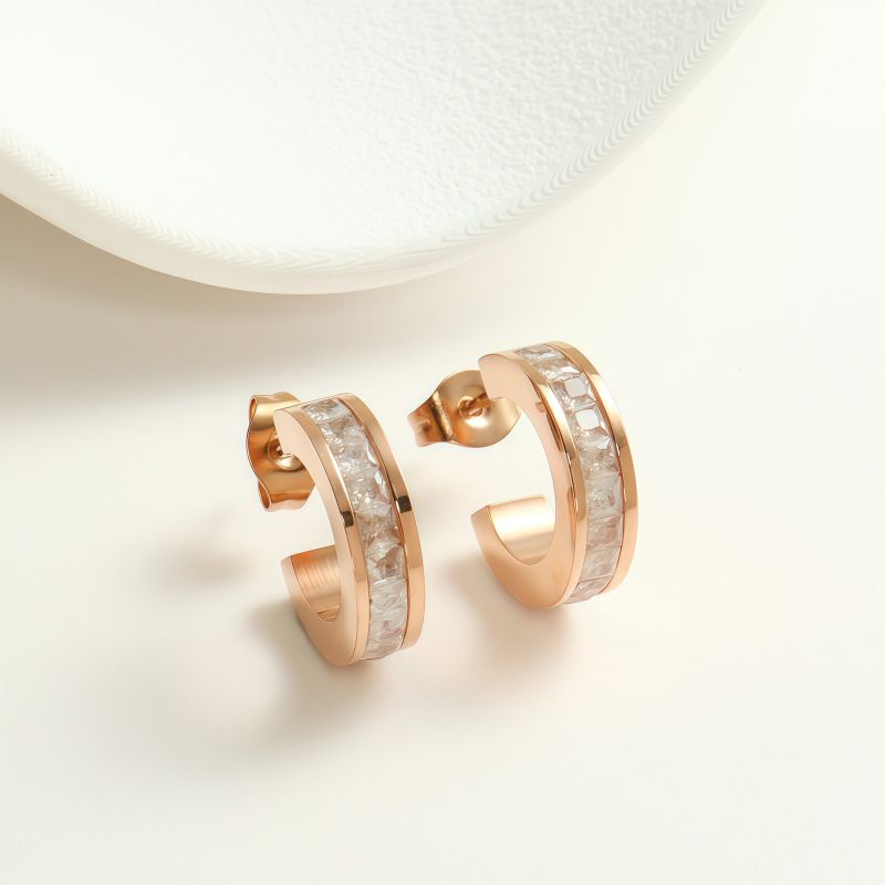 White Diamond Silver Earrings Stainless Steel Diamond-studded C-shaped Earrings