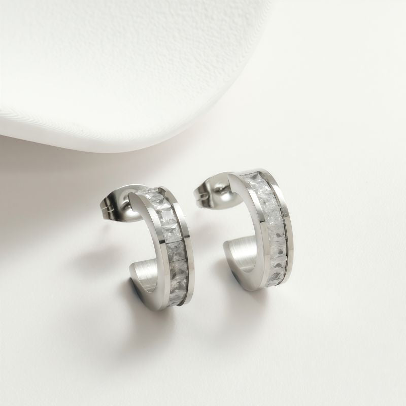 White Diamond Silver Earrings Stainless Steel Diamond-studded C-shaped Earrings