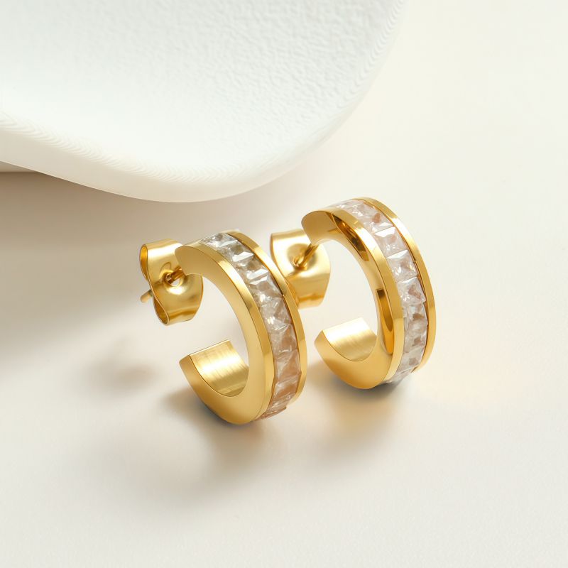 White Diamond Silver Earrings Stainless Steel Diamond-studded C-shaped Earrings