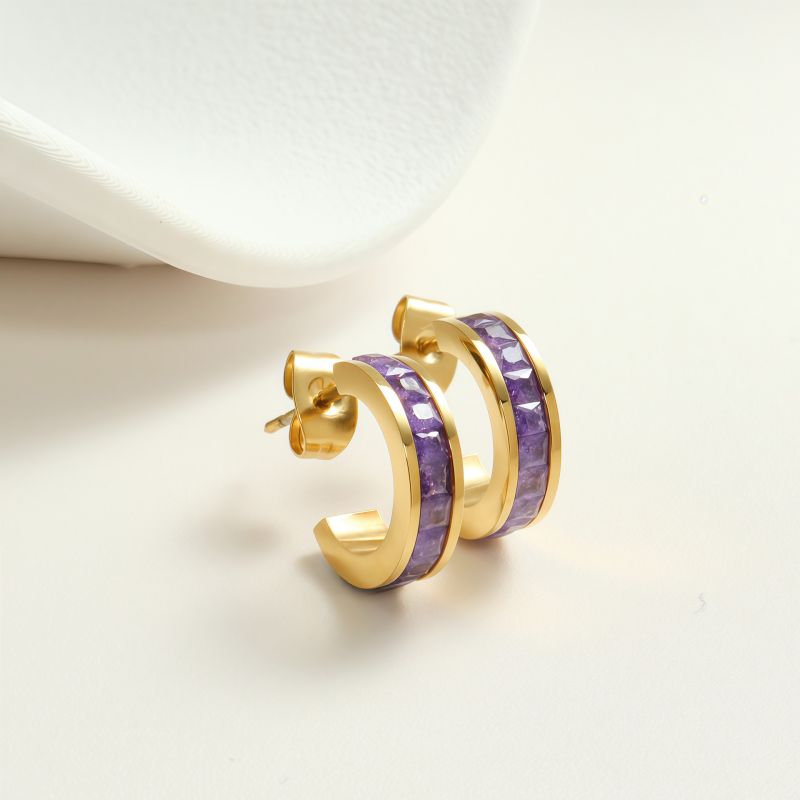 White Diamond Silver Earrings Stainless Steel Diamond-studded C-shaped Earrings