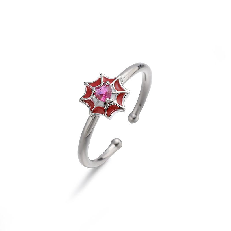 White Gold Red Dripping Oil Red Diamond Spider Web Ring Copper Diamond Heart-shaped Oil-dripping Spider Web Ring