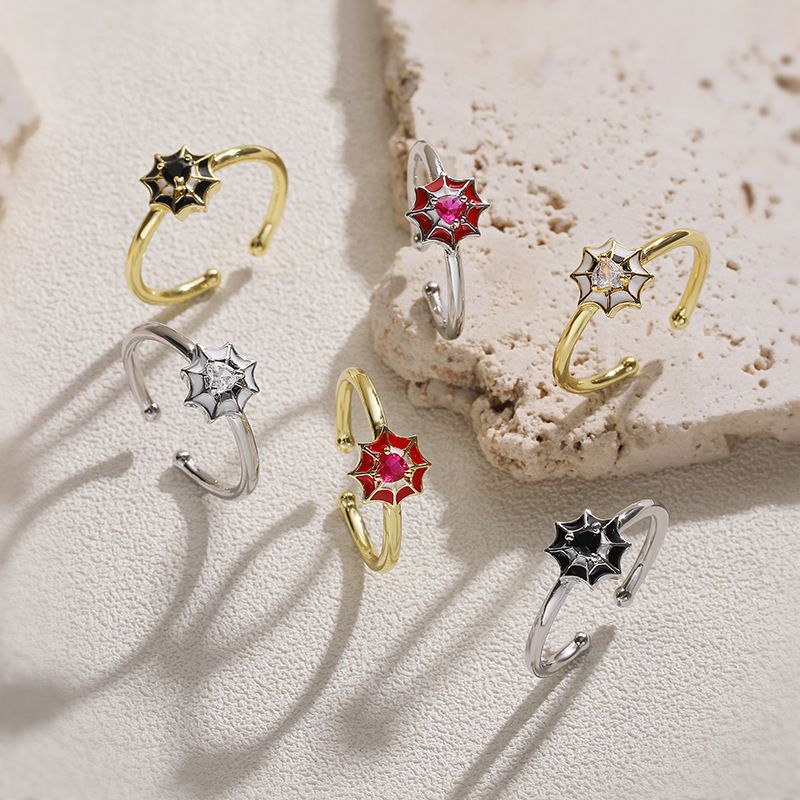 White Gold Red Dripping Oil Red Diamond Spider Web Ring Copper Diamond Heart-shaped Oil-dripping Spider Web Ring