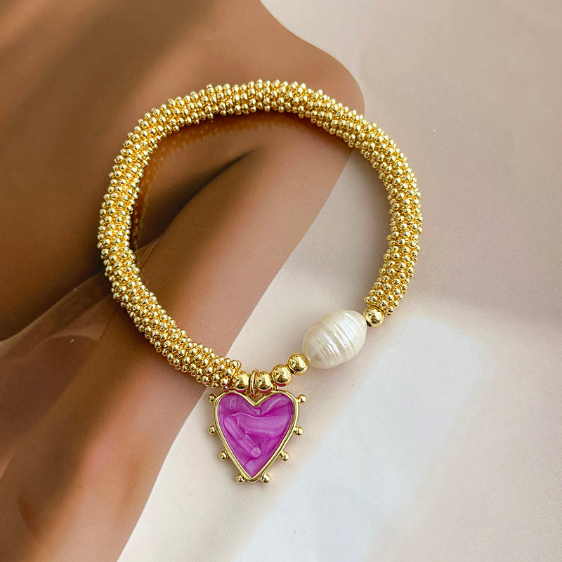 White Oil Dripping Love Freshwater Pearl Beaded Bracelet