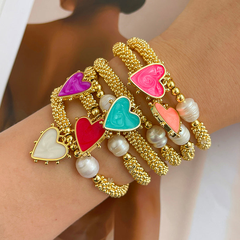 White Oil Dripping Love Freshwater Pearl Beaded Bracelet