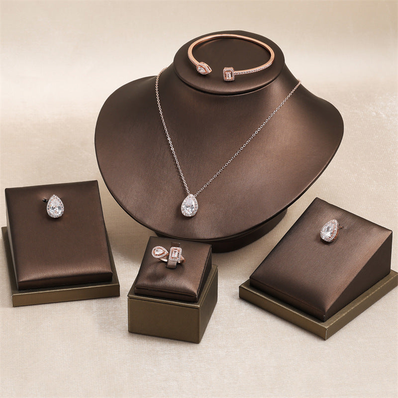 White Platinum Plated Copper Diamond Drop Necklace Earrings Ring Set