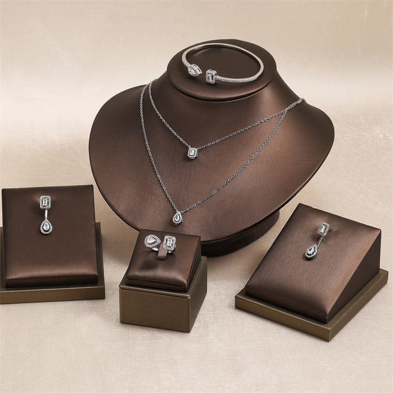 White Platinum Plated Copper Diamond Square Drop Necklace Earrings Ring Bracelet Set