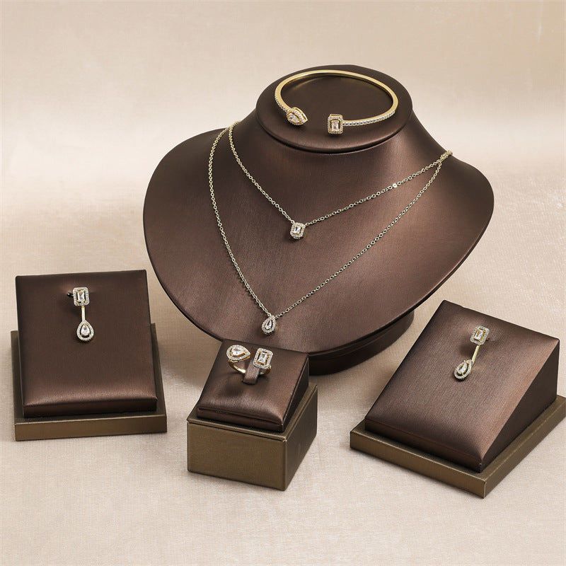 White Platinum Plated Copper Diamond Square Drop Necklace Earrings Ring Bracelet Set