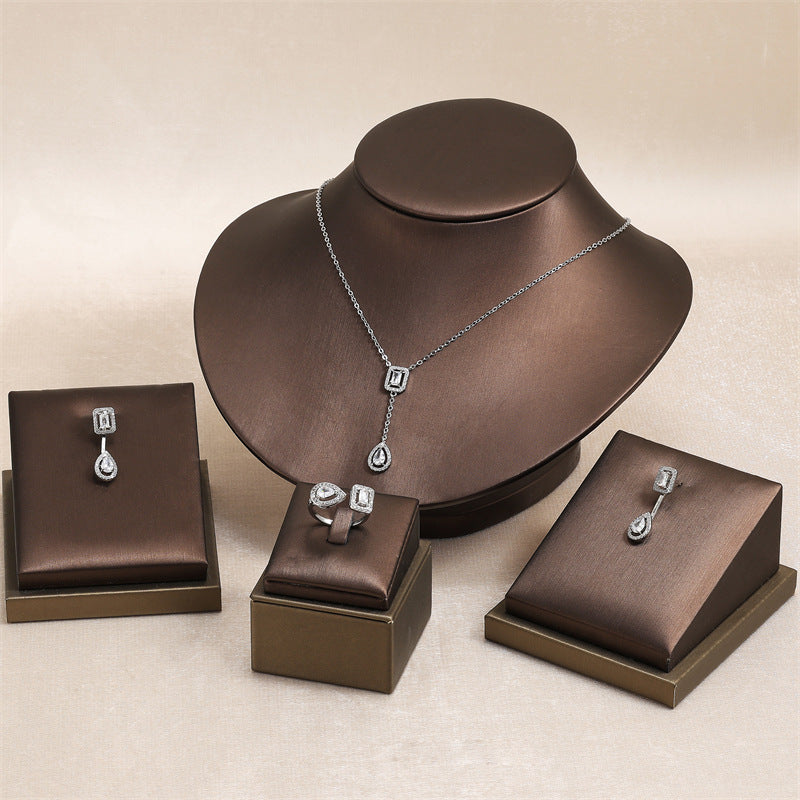 White Platinum Plated Copper Diamond Square Drop Necklace Earrings Ring Set