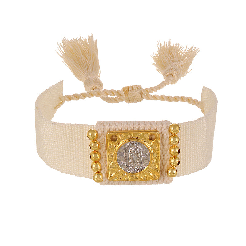 White Portrait Beaded Braided Tassel Bracelet