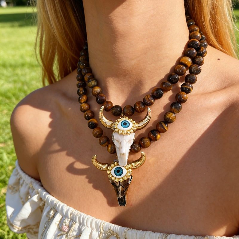 White Resin Bull's Head Copper Bead Eye Natural Stone Necklace
